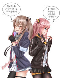 Rule 34 | 2girls, blush, breast conscious, breasts, brown hair, cosplay, costume switch, english text, fingerless gloves, girls&#039; frontline, gloves, highres, korean text, multiple girls, o.k.corral, pantyhose, pink hair, scar, scar across eye, scar on face, small breasts, speech bubble, st ar-15 (girls&#039; frontline), st ar-15 (girls&#039; frontline) (cosplay), twitter username, ump45 (girls&#039; frontline), ump45 (girls&#039; frontline) (cosplay)