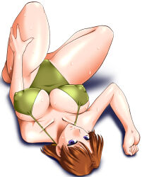 Rule 34 | 1girl, breasts, brown eyes, brown hair, covered erect nipples, covered navel, earrings, green one-piece swimsuit, hand on own thigh, highres, huge breasts, jewelry, kaori (super real mahjong), large breasts, long hair, looking at viewer, lying, mokkouyou bond, mole, mole under eye, navel, nipples, non-web source, on back, on floor, one-piece swimsuit, shiny skin, short hair, smile, solo, super real mahjong, sweat, swimsuit
