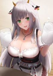 Rule 34 | 1girl, :d, absurdres, animal ears, apron, beer mug, blush, bodice, breasts, cleavage, cow ears, cow girl, cow horns, cup, dirndl, ear tag, extra ears, german clothes, green eyes, highres, hololive, horns, jewelry, large breasts, long hair, looking at viewer, milk, mug, necklace, official alternate costume, open mouth, shirogane noel, shirogane noel (dirndl), silver hair, smile, snowflake necklace, solo, straight hair, suicei, teeth, underbust, upper teeth only, virtual youtuber, w arms, waist apron, white apron