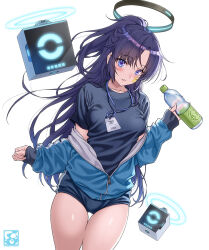 Rule 34 | 1girl, black halo, black shirt, blue archive, blue eyes, blue jacket, blush, bottle, breasts, buruma, commentary request, gym shirt, gym uniform, halo, highres, holding, holding bottle, jacket, long hair, looking at viewer, medium breasts, pairan, parted lips, plastic bottle, purple hair, shirt, short sleeves, simple background, star sticker, sticker on face, track jacket, water bottle, white background, yuuka (blue archive), yuuka (track) (blue archive)