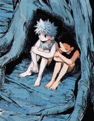 Rule 34 | 2boys, bad id, bad pixiv id, barefoot, black hair, black tank top, child, gon freecss, highres, hunter x hunter, in tree, killua zoldyck, male focus, messy hair, multiple boys, nature, outdoors, plant, shorts, sitting, sitting in tree, sleeveless, spiked hair, tank top, torohiko, tree, white hair, white tank top