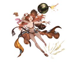 Rule 34 | 10s, 1girl, bag, belt, bikini, bomb, bracelet, breasts, cleavage, explosive, flower, full body, glasses, granblue fantasy, hair flower, hair ornament, hat, jewelry, long hair, mary (granblue fantasy), minaba hideo, open mouth, orange eyes, orange hair, sandals, smile, solo, striped bikini, striped clothes, sun hat, swimsuit, transparent background, weapon