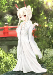Rule 34 | 1girl, absurdres, ayanami (azur lane), azur lane, blurry, blurry background, blush, bridge, brown eyes, closed mouth, commentary, day, depth of field, flower, folded fan, folding fan, full body, glint, hair between eyes, hair flower, hair ornament, hand fan, hand up, head tilt, headgear, high ponytail, highres, holding, holding fan, japanese clothes, jewelry, kimono, long hair, long sleeves, looking at viewer, maru shion, outdoors, ponytail, revision, ring, rose, shiromuku, sidelocks, smile, solo, standing, uchikake, wedding band, white flower, white kimono, white rose, wide sleeves