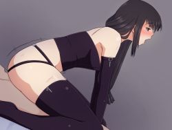 Rule 34 | 1girl, bare shoulders, bed, black hair, blue eyes, blush, buttette, clothed sex, elbow gloves, girl on top, gloves, lingerie, long hair, lying, open mouth, sex, sitting, sitting on person, sweat, thighhighs, underwear, vaginal, zipper