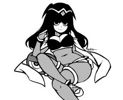 Rule 34 | 1girl, akairiot, bad id, bad tumblr id, black hair, blunt bangs, bodystocking, breasts, cape, cleavage, covered navel, fire emblem, fire emblem awakening, greyscale, hime cut, large breasts, looking at viewer, monochrome, nintendo, reclining, smile, solo, tharja (fire emblem), tiara
