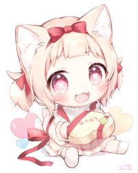 Rule 34 | 1girl, :d, amai hiyo, amai hiyo channel, animal ears, bad id, bad twitter id, bib, blonde hair, blunt bangs, blush, bow, box, cat ears, cat girl, cat tail, child, commentary, fang, forehead, hair bow, hair ribbon, heart, heart-shaped box, highres, holding, indie virtual youtuber, looking at viewer, open mouth, red bow, red eyes, red ribbon, ribbon, rucaco, short twintails, signature, simple background, sitting, skin fang, smile, solo, sparkling eyes, spread legs, symbol-shaped pupils, tail, twintails, virtual youtuber, white background