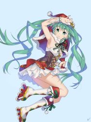 Rule 34 | 1girl, arm up, armpits, bag, blue background, bustier, capelet, floating hair, fur-trimmed capelet, fur-trimmed headwear, fur trim, gift bag, green eyes, green hair, green ribbon, hair between eyes, hat, hatsune miku, highres, holding, holding bag, long hair, miniskirt, neck ribbon, pleated skirt, red bag, red capelet, red hat, red ribbon, ribbon, santa hat, shikaemon, skirt, solo, striped ribbon, twintails, very long hair, vocaloid, white skirt