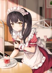 Rule 34 | 1girl, absurdres, black hair, blush, breasts, cleavage, dress, fang, hair ornament, hairclip, highres, holding, huge filesize, large breasts, lisu, looking at viewer, maid, maid headdress, original, pink dress, plate, solo, spoon, twintails, wrist cuffs, yellow eyes