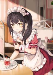 1girl absurdres black_hair blush breasts cleavage dress fang hair_ornament hairclip highres holding huge_filesize large_breasts lisu looking_at_viewer maid maid_headdress original pink_dress plate solo spoon twintails wrist_cuffs yellow_eyes