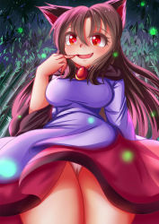 Rule 34 | 1girl, absurdres, animal ears, bamboo, bamboo forest, blush, breasts, brooch, brown hair, dior-zi, dress, fang, finger to mouth, fingernails, forest, highres, imaizumi kagerou, jewelry, large breasts, looking at viewer, nature, open mouth, panties, pantyshot, red eyes, solo, touhou, underwear, wolf ears
