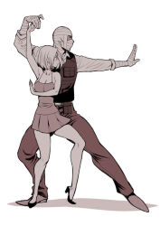 Rule 34 | 1boy, 1girl, arms up, bandaged hand, bandaged head, bandages, belt, black vest, blonde hair, breasts, collared shirt, courier (fallout new vegas), dancing, dress, fallout (series), fallout: new vegas, high heels, holding hands, joshua graham, medium breasts, police, police uniform, scar, scar on face, shirt, simple background, uniform, vest, white background, yukiyanagi