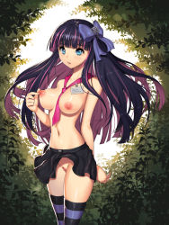 Rule 34 | 10s, 1girl, aaa, bad id, bad pixiv id, between breasts, blue eyes, breasts, breasts out, colored inner hair, hair ribbon, large breasts, long hair, multicolored hair, necktie, necktie between breasts, nipple stimulation, nipple tweak, nipples, no panties, panty &amp; stocking with garterbelt, pussy, ribbon, solo, stocking (psg), striped clothes, striped thighhighs, thighhighs, topless, two-tone hair, uncensored