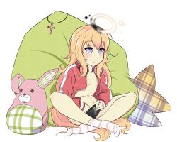 Rule 34 | 1girl, :/, blonde hair, blush, breasts, closed mouth, commentary request, corruption, cross, cross necklace, cushion, female masturbation, full body, gabriel dropout, gabriel tenma white, halo, handheld game console, headphones, headphones around neck, holding, indian style, jacket, jewelry, long hair, masturbation, naked jacket, necklace, no pants, open clothes, open jacket, sitting, small breasts, socks, solo, star (symbol), star print, striped clothes, striped footwear, stuffed animal, stuffed rabbit, stuffed toy, tomoko908 (nap4342), track jacket, very long hair, white background