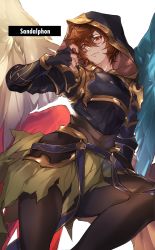 Rule 34 | 1boy, armor, asymmetrical wings, black gloves, black legwear, character name, closed mouth, fingerless gloves, gloves, granblue fantasy, hair between eyes, highres, hood, hood up, kanengomi, looking at viewer, male focus, mismatched wings, multiple wings, red eyes, sandalphon (granblue fantasy), simple background, solo, twitter username, white background, wings