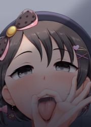 Rule 34 | black eyes, black hair, blush, fellatio gesture, from below, hand on own face, highres, idolmaster, idolmaster cinderella girls, looking at viewer, open mouth, oral invitation, pov, sasaki chie, sexually suggestive, short hair, tongue, tongue out