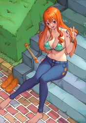 Rule 34 | 1girl, absurdres, barefoot, bikini top, breasts, denim, highres, jeans, large breasts, nami (one piece), one piece, pants, solo