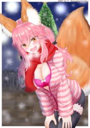 Rule 34 | 1girl, animal ear fluff, animal ears, artist request, black legwear, blush, bra, breasts, christmas, christmas lights, christmas ornaments, christmas tree, cleavage, fang, fate/extella, fate/extra, fate/extra ccc, fate/grand order, fate (series), fox ears, fox girl, fox tail, highres, large breasts, official alternate costume, open clothes, open mouth, open shirt, outdoors, pink bra, pink hair, skin fang, snow, solo, tail, tamamo (fate), tamamo no mae (fate/extra), tamamo no mae (spring casual) (fate), underwear, yellow eyes