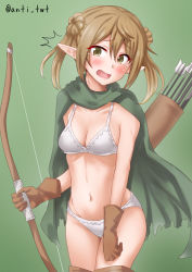 Rule 34 | 1girl, alternate costume, anti (untea9), arrow (projectile), blonde hair, bow, bow (weapon), bow bra, bow panties, bra, breasts, brown gloves, cape, cleavage, commentary request, double bun, gloves, green background, green cape, green eyes, hair bun, highres, holding, holding bow (weapon), holding weapon, kantai collection, looking at viewer, medium breasts, michishio (kancolle), navel, one-hour drawing challenge, open mouth, panties, pointy ears, quiver, short hair, simple background, solo, torn cape, torn clothes, twitter username, underwear, weapon, white bra, white panties