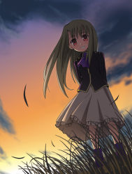 1girl fate/stay_night fate_(series) female_focus flat_chest grass illyasviel_von_einzbern kaze_shibuki long_hair red_eyes silver_hair skirt sky smile solo sunset wind