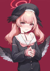 Rule 34 | 1girl, black headwear, black shirt, black wings, blouse, blue archive, blush, choker, collarbone, feathered wings, halo, head wings, highres, koharu (blue archive), long hair, long sleeves, looking at viewer, neckerchief, nose blush, off shoulder, open mouth, own hands together, pink hair, pink neckerchief, purple eyes, red background, red choker, sailor collar, school uniform, serafuku, shirt, simple background, single bare shoulder, sleeves past wrists, twintails, upper body, usuke (u skeeep), v-shaped eyebrows, white sailor collar, wings