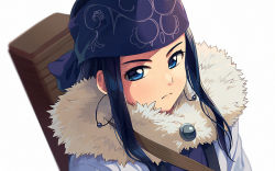 Rule 34 | 1girl, ainu, ainu clothes, asada hachi, asirpa, blue eyes, blue hair, blue headband, blurry, cape, closed mouth, commentary request, depth of field, earrings, fur cape, golden kamuy, headband, hoop earrings, jewelry, long hair, looking at viewer, solo, upper body, white background