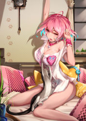 Rule 34 | 1girl, ahoge, animal, arm up, blue hair, bottomless, breasts, cat, cleavage, clock, collar, curtains, hand up, heart, heart on chest, highres, idolmaster, idolmaster cinderella girls, indoors, large breasts, lock, multicolored hair, off shoulder, one eye closed, paw print, pillow, pink collar, pink eyes, pink hair, plant, potted plant, renze l, shadow, shirt, short hair, single bare shoulder, sitting, skeleton print, solo, stretching, two-tone hair, wall clock, wariza, white shirt, window, wristband, yumemi riamu