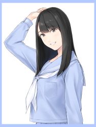 Rule 34 | 1girl, arm up, black hair, blue sailor collar, blue serafuku, brown eyes, character request, commentary request, copyright request, highres, light blush, lips, long hair, long sleeves, looking at viewer, nayuta69, neckerchief, parted bangs, parted lips, real life, sailor collar, school uniform, serafuku, smile, solo, upper body, white neckerchief