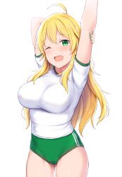 Rule 34 | 1girl, ahoge, alternate costume, arm behind head, blonde hair, breasts, buruma, cai geng, cameltoe, cowboy shot, gluteal fold, green buruma, green eyes, green nails, highres, hoshii miki, idolmaster, idolmaster (classic), large breasts, long hair, looking at viewer, nail polish, one eye closed, open mouth, shirt, short sleeves, simple background, smile, solo, stretched limb, stretching, t-shirt, taut clothes, taut shirt, thighs, tight clothes, tight shirt, white background, white shirt
