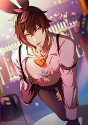 Rule 34 | 1boy, animal ears, banknote, bare pectorals, bartender, bills, black pants, blurry, blurry background, brown hair, collared shirt, fake animal ears, feet out of frame, genshin impact, gradient hair, hair between eyes, highres, kurashiki00, long hair, male focus, male playboy bunny, money, mouth hold, multicolored hair, necktie, open clothes, open shirt, orange necktie, pants, pectorals, ponytail, rabbit ears, shirt, solo, tucked money, undressing, yellow eyes, zhongli (genshin impact)