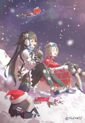 Rule 34 | 2girls, black hair, blue scarf, boots, chimney, christmas, christmas stocking, closed eyes, coal, coat, digital media player, dinergate (girls&#039; frontline), earmuffs, floral print, fp-6 (girls&#039; frontline), fp-6 (satellite of love) (girls&#039; frontline), girls&#039; frontline, gloves, goggles, goggles on head, green hair, hat, highres, long hair, multiple girls, official alternate costume, open mouth, pantyhose, plaid, plaid scarf, pleated skirt, red coat, reindeer, rooftop, santa claus, santa hat, scarf, shoes, shu70077, sitting, skirt, sleigh, smile, sneakers, snow, snowing, twitter username, type 100 (girls&#039; frontline), type 100 (treasure buried deep within) (girls&#039; frontline), white coat, winter, winter clothes