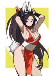 Rule 34 | 1girl, animal ears, arms up, bare shoulders, breasts, brown eyes, brown hair, chinese zodiac, cleavage, closed mouth, commentary request, e-kaki, embarrassed, fake animal ears, fake tail, fatal fury, frown, high ponytail, highres, japanese clothes, large breasts, long hair, looking at viewer, ninja, pelvic curtain, ponytail, rabbit ears, rabbit tail, revealing clothes, rope, shiranui mai, smile, solo, standing, tail, the king of fighters, thighs, year of the rabbit