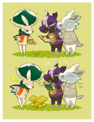 Rule 34 | animal crossing, blush stickers, book, bow, calyrex, clapping, closed mouth, commentary, creatures (company), closed eyes, floral print, flower, game freak, gen 8 pokemon, glastrier, grass, grey sweater, highres, holding, holding book, legendary pokemon, nintendo, sound effects, open mouth, parody, pokemon, pokemon (creature), pouring, purple shirt, shirt, shrimposaurus, smile, spectrier, standing, star (symbol), sweater, watering, watering can, yellow flower