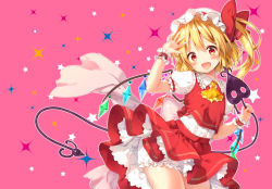 Rule 34 | 1girl, :d, blonde hair, blush, bonnet, bow, cowboy shot, demon tail, flandre scarlet, hair bow, long hair, looking at viewer, necktie, open mouth, pink background, red bow, red eyes, red skirt, riichu, short sleeves, shorts, simple background, skirt, smile, solo, standing, tail, touhou, white shorts, wings, wrist cuffs, yellow necktie
