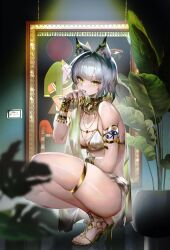 1girl absurdres animal_ears ankh arknights blush breasts cat_ears cat_girl cat_tail egyptian_art egyptian_clothes feet from_side full_body gold_necklace gradient_hair green_eyes green_hair hand_to_own_mouth hand_up high_heels highres indoors jewelry kal&#039;tsit_(arknights) knees_up legs licking licking_finger licking_own_finger medium_breasts medium_hair multicolored_hair necklace portrait_(object) sandals skindentation solo squatting tabayashi tail thighs toenails toes white_hair