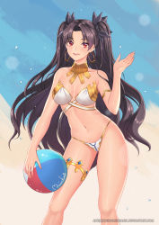 Rule 34 | 1girl, absurdres, armlet, artist name, ball, beachball, bikini, black hair, black ribbon, breasts, chungmechanic, collarbone, contrapposto, earrings, fate/grand order, fate (series), hair ribbon, highres, hoop earrings, ishtar (fate), jewelry, long hair, looking at viewer, medium breasts, navel, necklace, open mouth, parted bangs, red eyes, ribbon, smile, solo, standing, strapless, strapless bikini, swimsuit, thighlet, two side up, very long hair, white bikini