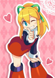Rule 34 | 1girl, ;d, android, argyle, argyle background, argyle clothes, bad id, bad pixiv id, blonde hair, blue eyes, blush stickers, boots, capcom, clenched teeth, cyborg, doily, dress, female focus, finger to mouth, flat chest, green ribbon, grin, hair between eyes, hair ribbon, hand on own knee, heart, index finger raised, knee boots, leaning, leaning forward, long hair, long sleeves, looking at viewer, mega man (classic), mega man (series), miyata (lhr), one eye closed, open mouth, outline, pink background, ponytail, red dress, red footwear, ribbon, roll (mega man), shushing, sidelocks, smile, solo, standing, teeth, white outline, wink
