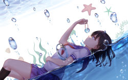 Rule 34 | 1girl, afloat, black hair, black socks, blue eyes, blue sailor collar, blue skirt, blurry, bubble, closed mouth, depth of field, expressionless, hair tie, hand on own stomach, hand up, highres, holding, knee up, kneehighs, long hair, looking away, neckerchief, ocean, original, pleated skirt, profile, red neckerchief, sailor collar, school uniform, seaweed, serafuku, shell, short sleeves, skirt, socks, solo, starfish, water drop, white background, ye zi you bei jiao ju ge