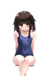 Rule 34 | 1girl, :o, arms behind back, bad id, bad pixiv id, bare arms, bare shoulders, blue one-piece swimsuit, blush, brown hair, collarbone, commentary request, contemporary, covered navel, feet out of frame, foreshortening, highres, invisible chair, izawa (bhive003), kono subarashii sekai ni shukufuku wo!, looking at viewer, medium hair, megumin, one-piece swimsuit, red eyes, school swimsuit, sitting, solo, swimsuit