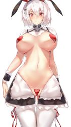 Rule 34 | 1girl, adapted costume, anchor choker, animal ears, apron, azur lane, black shorts, blush, breasts, breasts apart, choker, cleavage, collarbone, commentary request, covered erect nipples, cowboy shot, crotchless, fake animal ears, frilled apron, frilled choker, frills, hair between eyes, heart, heart pasties, highres, large breasts, leg ribbon, looking at viewer, maebari, md5 mismatch, meme attire, navel, pasties, rabbit ears, red eyes, resolution mismatch, revealing clothes, reverse bunnysuit, reverse outfit, ribbon, ruwoka, scrunchie, short hair, shorts, shrug (clothing), sidelocks, simple background, sirius (azur lane), smile, solo, source larger, standing, stomach, thigh ribbon, thighhighs, white background, white hair, white scrunchie, white thighhighs, wrist scrunchie