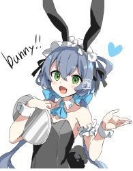 Rule 34 | 1girl, animal ears, bare shoulders, black leotard, blue hair, blue neckerchief, collarbone, commentary, detached collar, english text, green eyes, hair ribbon, heart, holding, holding tray, leotard, long hair, looking at viewer, luo tianyi, maid headdress, minahoshi taichi, neckerchief, open mouth, rabbit ears, rabbit tail, ribbon, sketch, smile, solo, strapless, strapless leotard, tail, tray, twintails, upper body, very long hair, vocaloid, vsinger, white background, wrist cuffs