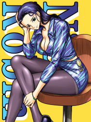 Rule 34 | 1girl, black hair, blue eyes, bracelet, breasts, chair, character name, cleavage, female focus, hand rest, high heels, jewelry, kodamashi, large breasts, legs, crossed legs, long legs, miniskirt, nico robin, one piece, pantyhose, sitting, skirt, solo, thighs, yellow background
