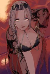 Rule 34 | 1girl, ame (syume ruzin), bikini, breasts, carmilla (fate), carmilla (summertime mistress) (fate), carmilla (swimsuit rider) (fate), carmilla (swimsuit rider) (third ascension) (fate), cleavage, eyelashes, eyewear on head, fate/grand order, fate (series), hand on own hip, highres, large breasts, leaning forward, lipstick, long hair, looking at viewer, makeup, orange eyes, outdoors, parted lips, red lips, see-through, side ponytail, silver hair, smile, solo, sunglasses, sunset, swimsuit