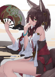 Rule 34 | 1girl, absurdres, animal ears, bakemonsou, bare shoulders, blush, bracelet, closed mouth, detached sleeves, folding fan, fox ears, fox girl, fox tail, from side, green eyes, hair between eyes, hand fan, highres, holding, holding fan, honkai: star rail, honkai (series), jewelry, long sleeves, looking at viewer, medium hair, ponytail, sitting, smile, tail, thighs, tingyun (honkai: star rail)