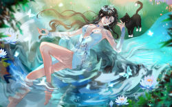 Rule 34 | 1girl, absurdres, barefoot, black hair, blue dress, doupo cangqiong, dress, feet, flower, grass, highres, jewelry, lying, no shoes, on back, water, yun yun (doupo cangqiong), yun yun guan bo