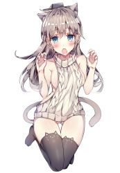 Rule 34 | 10s, 1girl, :3, animal ears, black thighhighs, blue eyes, blush, breasts, brown hair, cat ears, cat tail, commentary, fang, hair ornament, highres, kantai collection, kemonomimi mode, kneeling, kumano (kancolle), kvlen, looking at viewer, medium breasts, meme attire, no bra, open mouth, solo, tail, thighhighs, virgin killer sweater