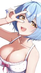 Rule 34 | 1girl, :d, ahoge, blue hair, blue nails, bob cut, breasts, camisole, cleavage, colored tips, double-parted bangs, frilled camisole, frills, hand up, highres, hololive, large breasts, looking at viewer, multicolored hair, nail polish, official alternate hair length, official alternate hairstyle, open mouth, polka dot camisole, short hair, simple background, sleepwear, smile, solo, streaked hair, upper body, v over eye, virtual youtuber, white background, white camisole, yellow eyes, yugsa (0828), yukihana lamy, yukihana lamy (loungewear)