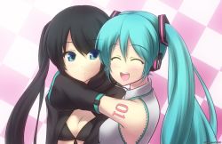 Rule 34 | 00s, 10s, 2girls, aqua hair, black bra, black hair, black rock shooter, black rock shooter (character), blue eyes, bra, breasts, checkered background, cleavage, crossover, closed eyes, front-tie top, hair ornament, hatsune miku, highres, hug, multiple girls, open mouth, twintails, underwear, vocaloid