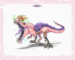 Rule 34 | anjanath, character name, colorful, dinosaur, dinosaur tail, dragon, eliz0r, full body, highres, looking at viewer, monster, monster hunter, monster hunter: world, monster hunter (series), open mouth, simple background, solo, tail, white background