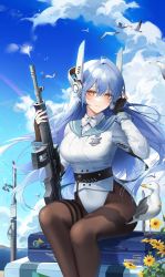 Rule 34 | 1girl, absurdres, assault rifle, bird, blue hair, blue sky, bow, bowtie, breasts, bullpup, closed mouth, day, fingerless gloves, flower, girls&#039; frontline, gloves, gun, hands up, highres, holding, holding gun, holding weapon, iwi tavor, leotard, long hair, long sleeves, looking at viewer, medium breasts, naru 0, outdoors, pantyhose, rifle, sailor collar, sitting, sky, solo, tar-21 (girls&#039; frontline), thighs, weapon, white bow, white bowtie, white leotard, yellow eyes