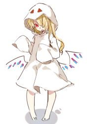 Rule 34 | 1girl, barefoot, blonde hair, blush, crystal, dress, flandre scarlet, full body, hair over one eye, hood, medium hair, no pupils, one side up, open mouth, paragasu (parags112), red eyes, simple background, sketch, sleeves past fingers, sleeves past wrists, solo, standing, touhou, white background, white dress, wings